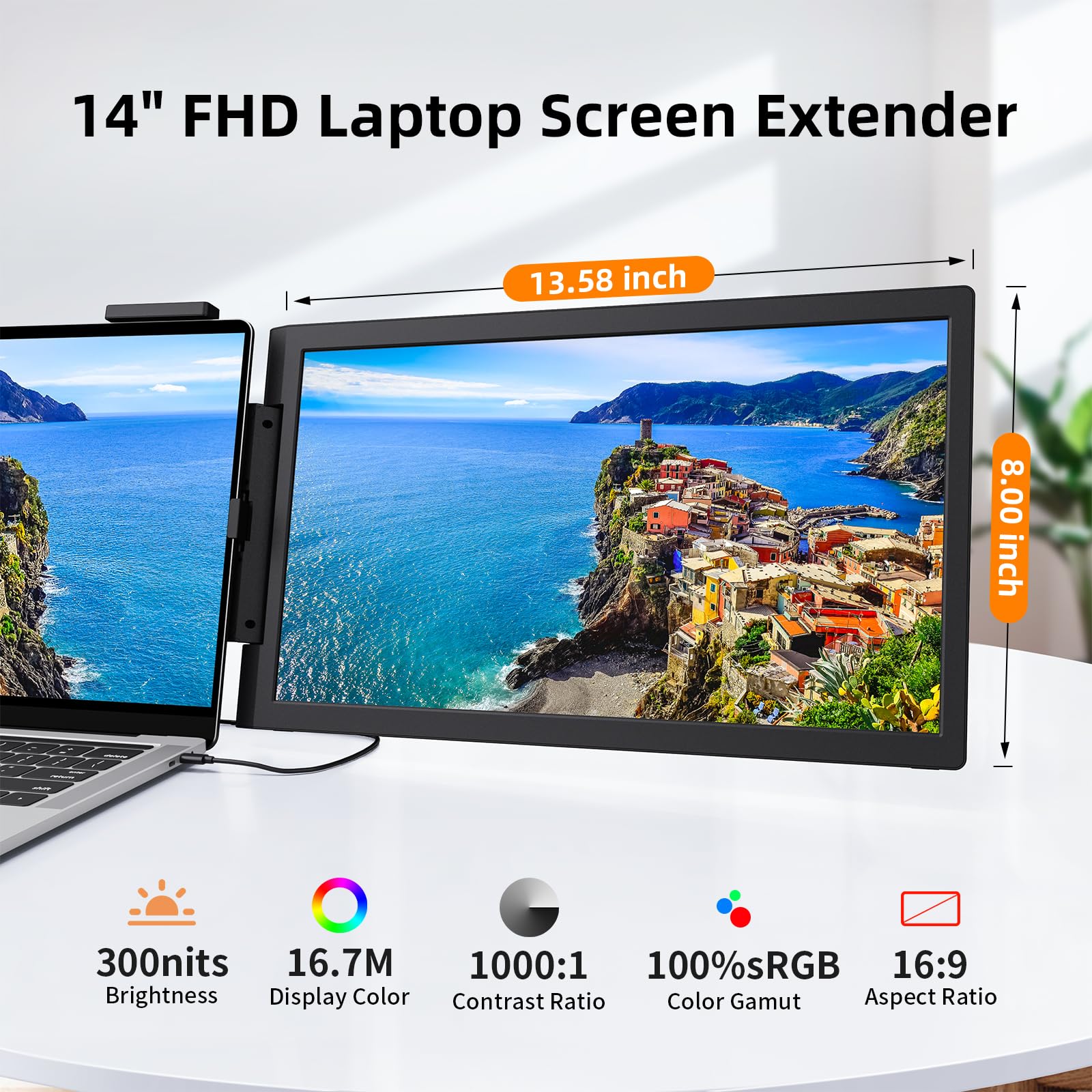 Laptop Screen Extender, 14" 1080P IPS Portable Monitor Travel Monitor for 14-16.5" Laptops with USB-C/HDMI Port, Plug and Play Attachment Screen for Windows/Mac/Android/Switch/PS5/Xbox