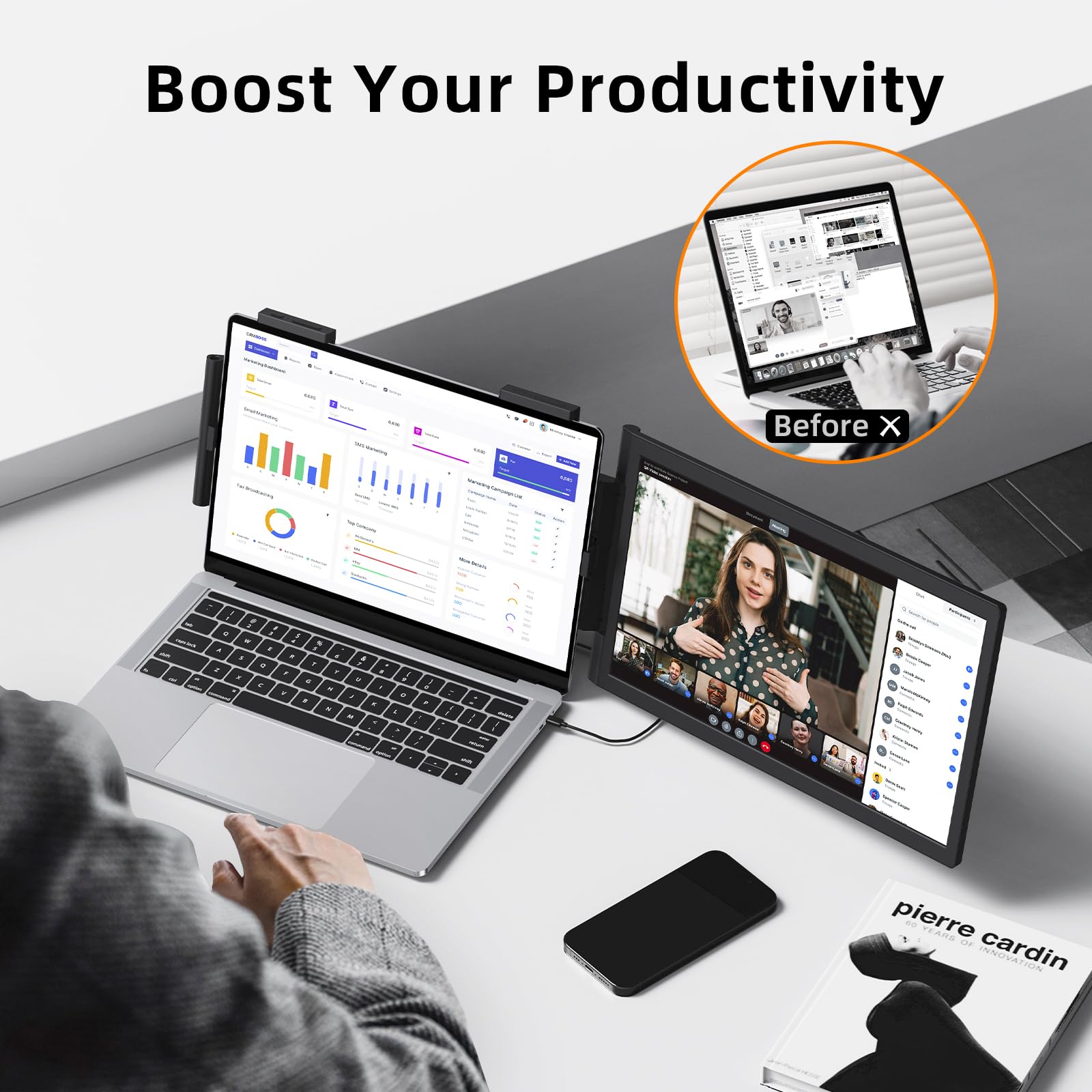 Laptop Screen Extender, 14" 1080P IPS Portable Monitor Travel Monitor for 14-16.5" Laptops with USB-C/HDMI Port, Plug and Play Attachment Screen for Windows/Mac/Android/Switch/PS5/Xbox