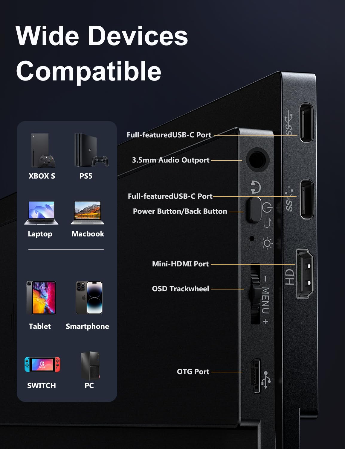 2.5K Portable Gaming Monitor, 16" 2520x1680 1500:1 IPS Laptop Monitor, Slim Lightweight USB C HDMI Computer Display, Gaming Screen with Speakers, Travel Monitor for Mac PC Phone PS4/5 Xbox Switch