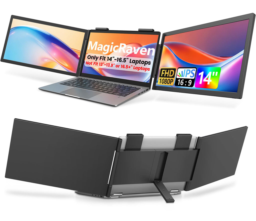 Dual Laptop Screen Extender, 14" 1080P IPS Portable Triple Monitor for 14-16.5" Laptops with USB-C Port, Plug and Play, Attachment Screen for Windows/Mac/Android/Switch/PS5/Xbox