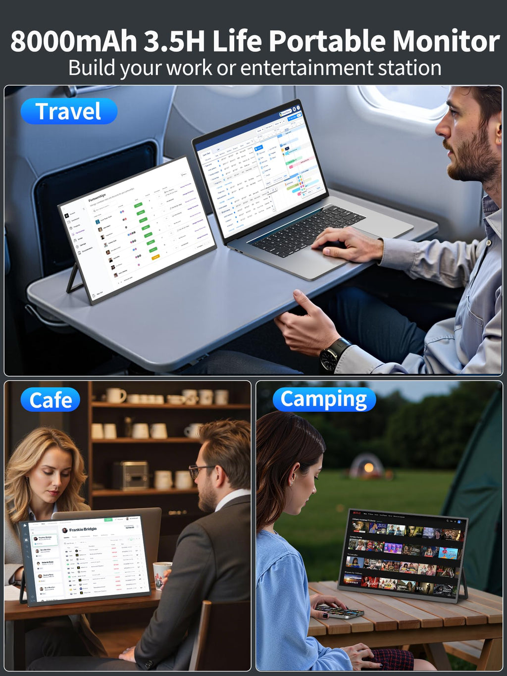 8000 mAh Wireless Portable Monitor, 15.6" 1080P IPS Laptop Screen, Second Computer Gaming Display with Speakers, Travel Monitor for Windows/Mac/Android/iOS/Gaming Console